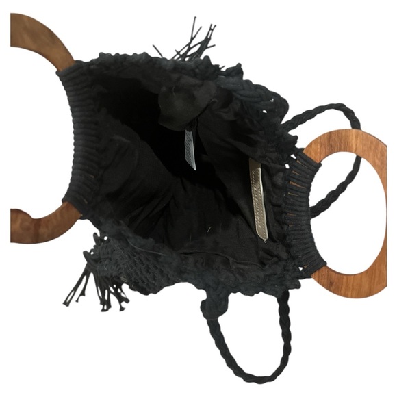 Gently used Danielle Nicole Black Crossbody Bag with Fringe and Wooden Handle - Picture 4 of 5